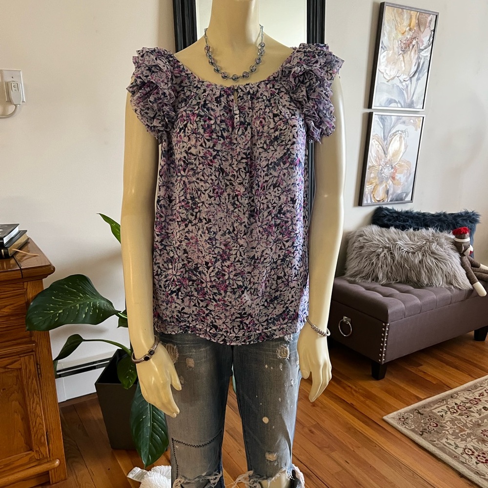 Banana Republic Ruffle Shoulder Print Top / Blouse - Picture 2 of 9